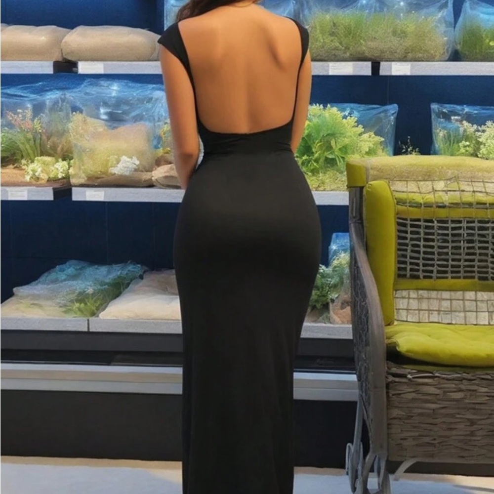 Women black open back sexy maxi dress